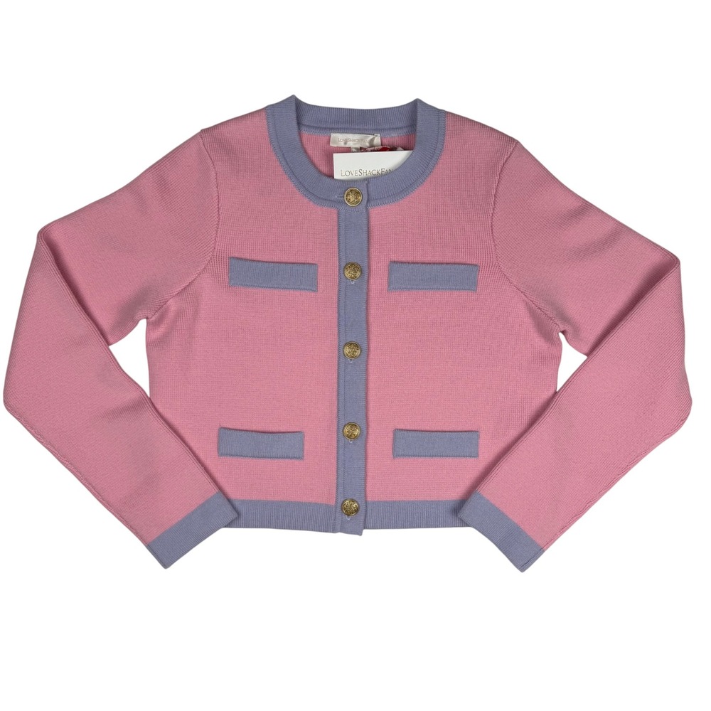 LoveShackFancy Elif Cardigan Sweater Pink Lavender 100% Wool Gold Button Women M - Picture 3 of 11